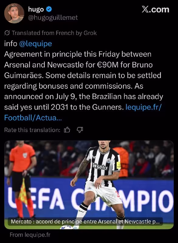 Bruno Gimaraes "Arsenal"ga o'tishi mumkin