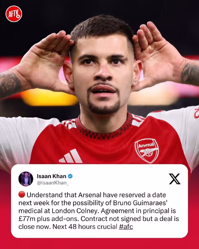 Arsenal Bruno Gimaraes uchun tibbiy ko'rik sanasini belgilab oldi