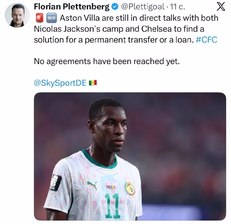 Aston Villa Nikolas Jekson transferi bo'yicha muzokaralarni davom ettirmoqda