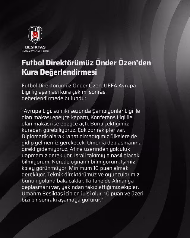 Onder Ozen: Beshiktosh Yevropa Ligasida kamida 10 ochko to'plashi kerak