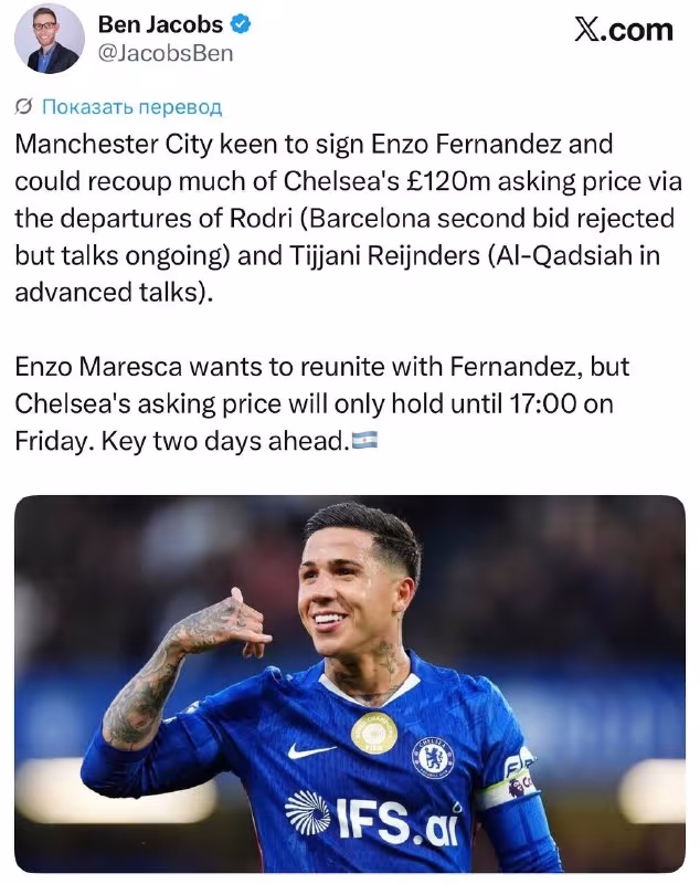 Manchester City Enzo Fernandesni o'z safiga qo'shib olmoqchi
