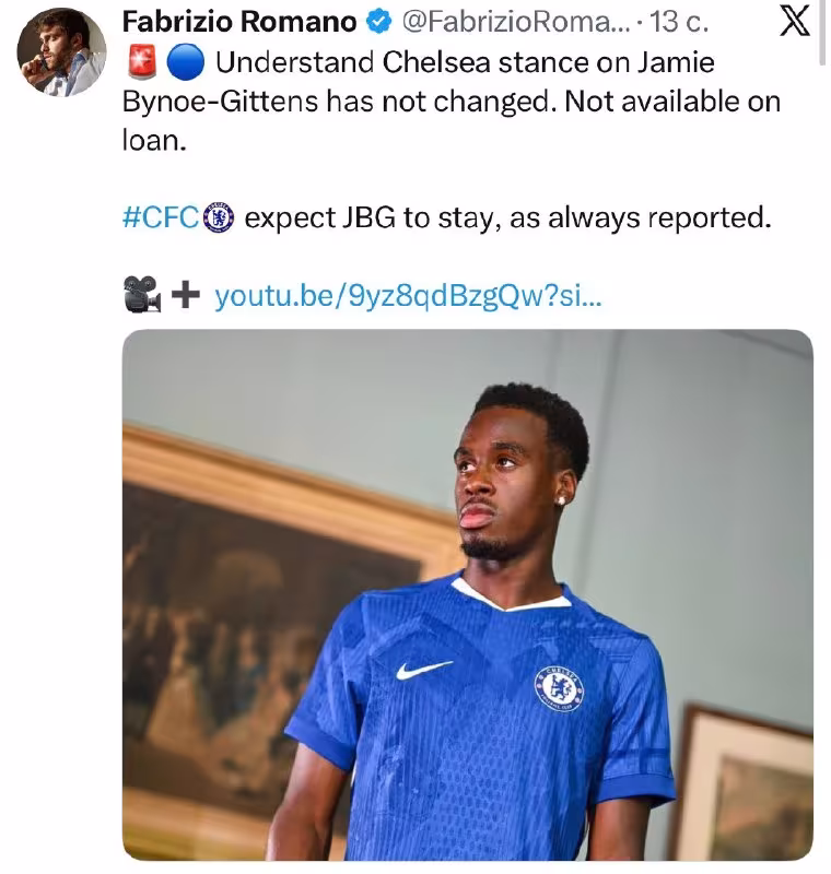 Chelsi Jeymi Gittensni ijaraga bermoqchi emas