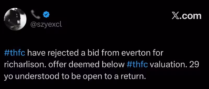 Tottenhem Evertonning Risharlison bo'yicha taklifini rad etdi
