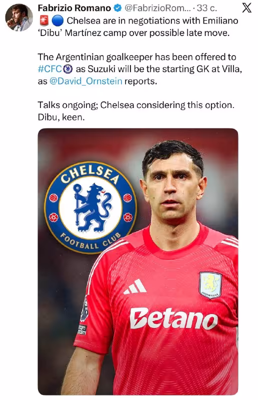 Fabrisio Romano: Chelsi Emiliano Martines bilan muzokaralar olib bormoqda