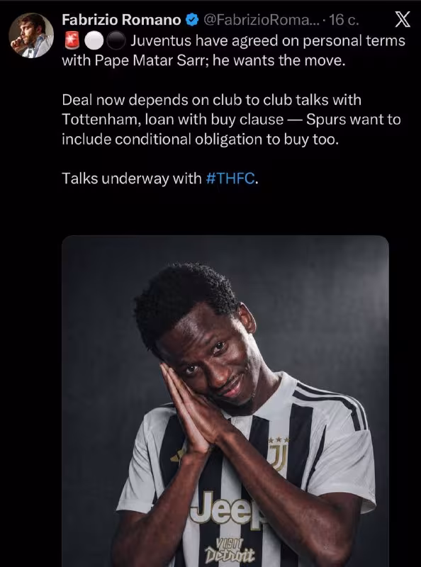 Juventus Pape Sarr bilan shaxsiy shartnoma bo'yicha kelishuvga erishdi