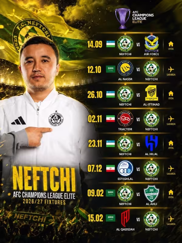 Neftchi jamoasining OCH Elite 2026/27 mavsumi taqvimi