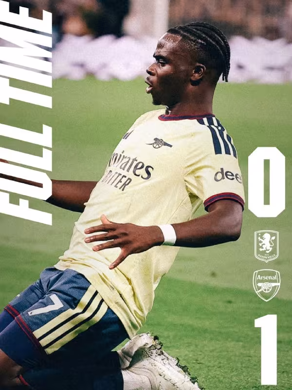 Aston Villa 0:1 Arsenal: Bukayo Saka goli jamoaga g'alaba keltirdi