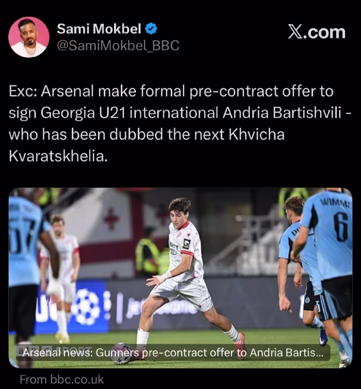 Arsenal Andria Bartishvili uchun taklif bilan chiqdi