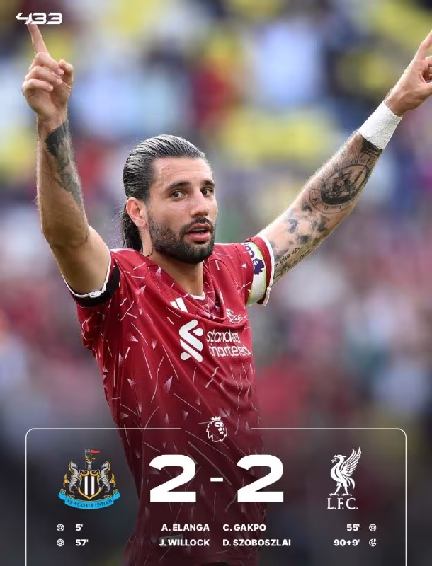 Newcastle 2:2 Liverpool: Dominik Soboslai so'nggi daqiqalarda durangni ta'minladi