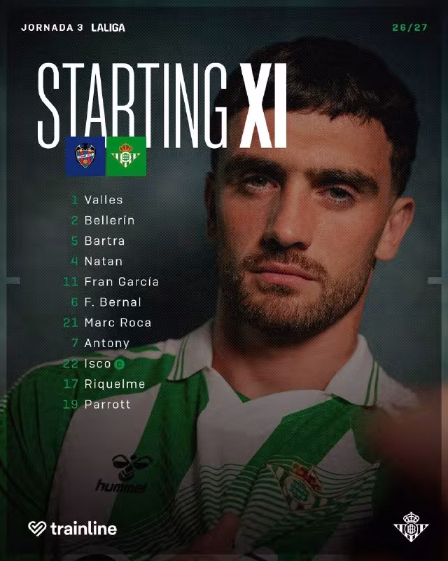 Real Betis jamoasining bugungi o'yin uchun tarkibi