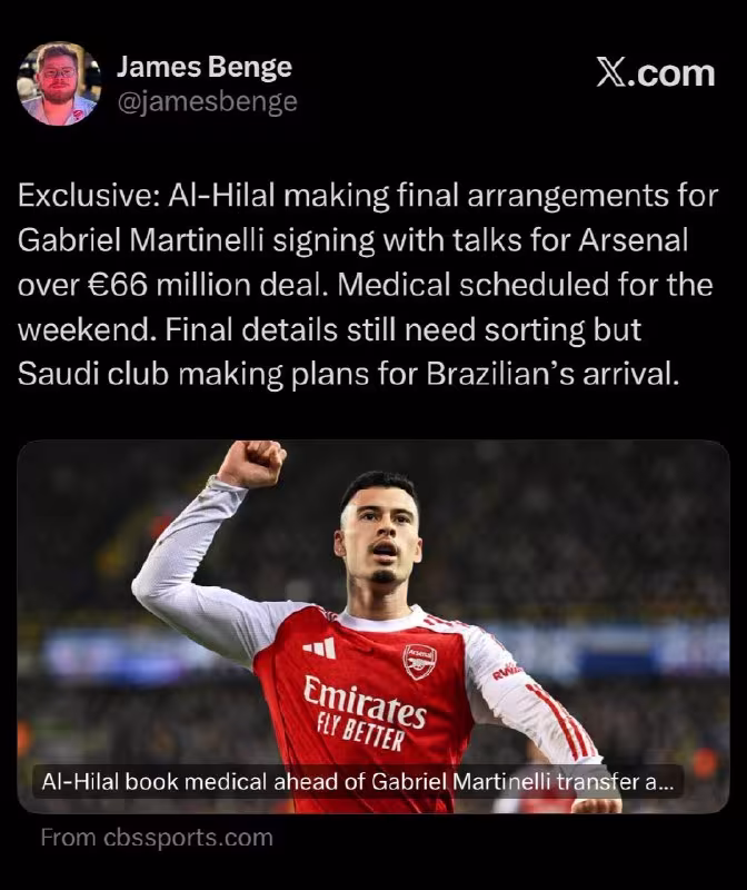 Al-Hilol Gabriel Martinelli transferi ustida ishlamoqda