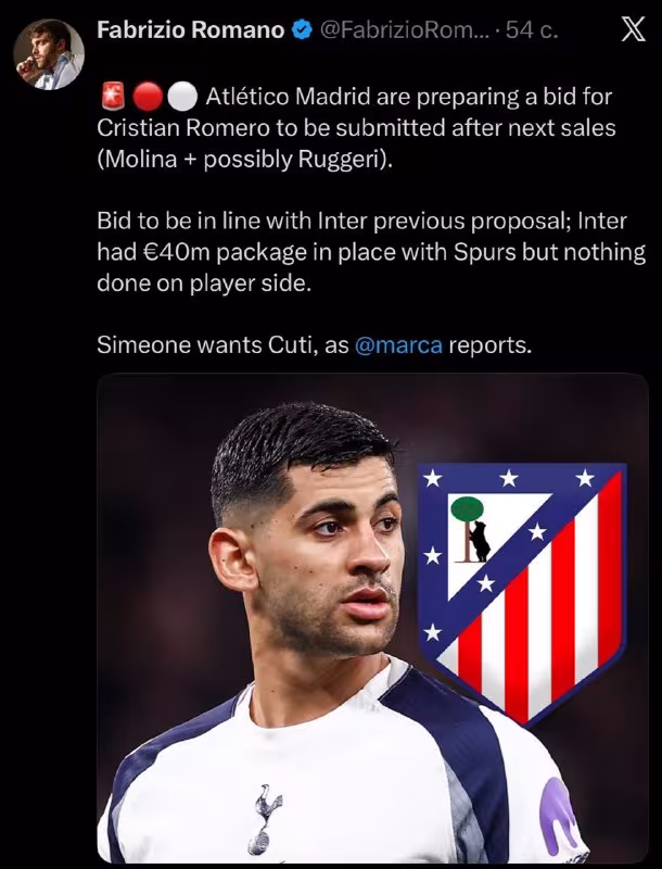 Atletiko Madrid Kristian Romero uchun taklif tayyorlamoqda