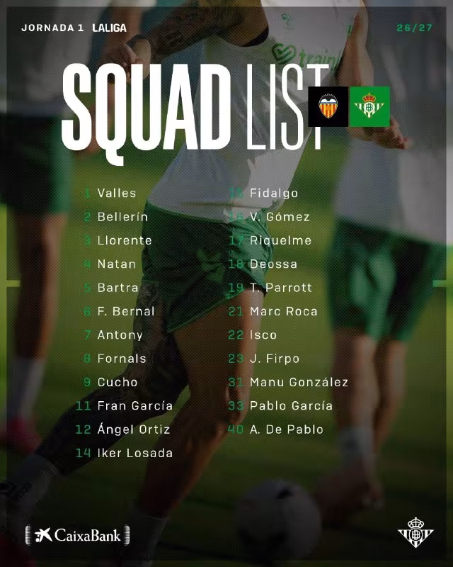 Real Betis jamoasining bo'lajak o'yin uchun qaydnomasi