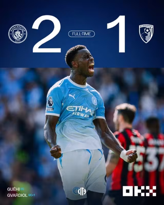 Manchester City 2:1 Bournemouth: Gvardiolning goli g'alabani ta'minladi