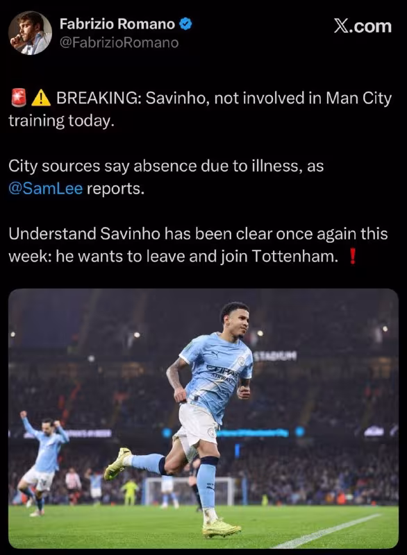 Savinyo "Manchester Siti" mashg'ulotlarini o'tkazib yubordi