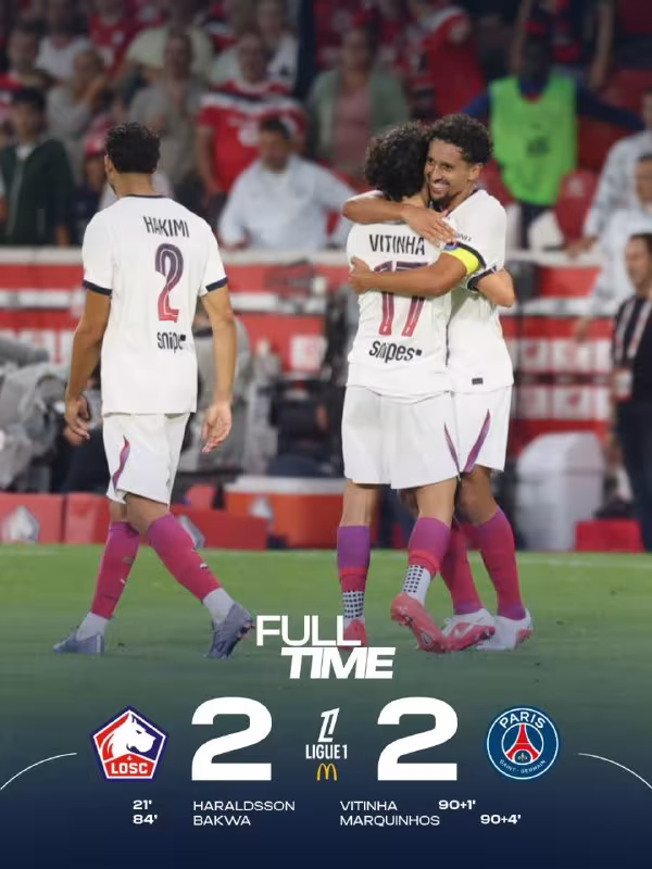 Lille 2:2 PSG: Parijliklar so'nggi daqiqalarda mag'lubiyatdan qutulib qolishdi