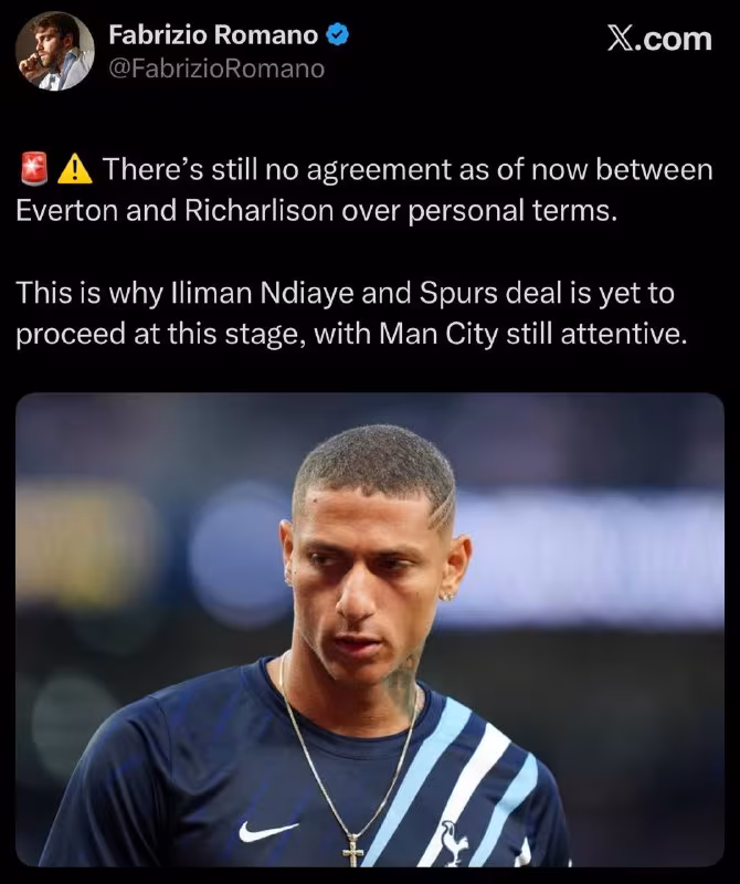 Everton va Richarlison o'rtasidagi muzokaralar to'xtab qoldi