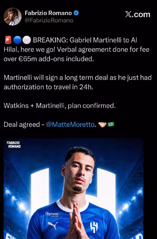 Gabriel Martinelli «Al-Hilol»ga o'tmoqda