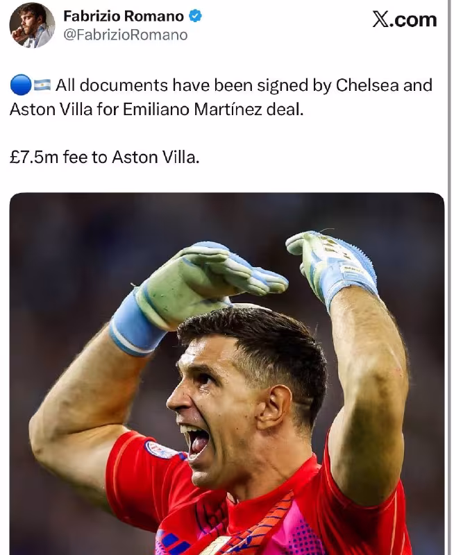 Chelsea va Aston Villa o'rtasida Martinez transferi bo'yicha hujjatlar imzolandi
