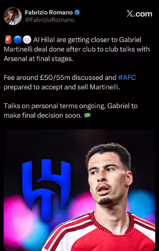 Gabriel Martinelli «Al-Hilol»ga o'tishga yaqin