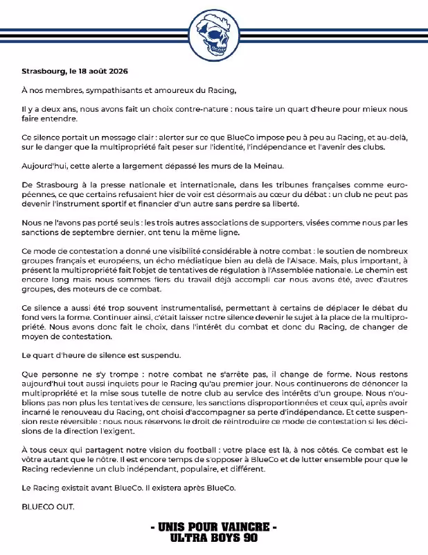 Strasbourg muxlislari norozilik namoyishini to'xtatishdi