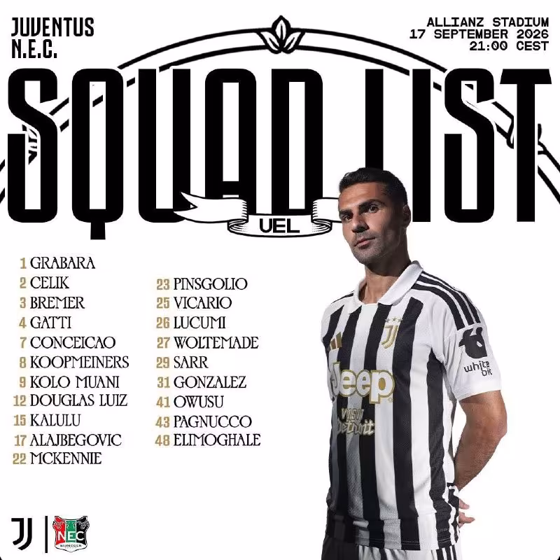 Juventus tarkibi Neymegen bilan bahs uchun ma'lum