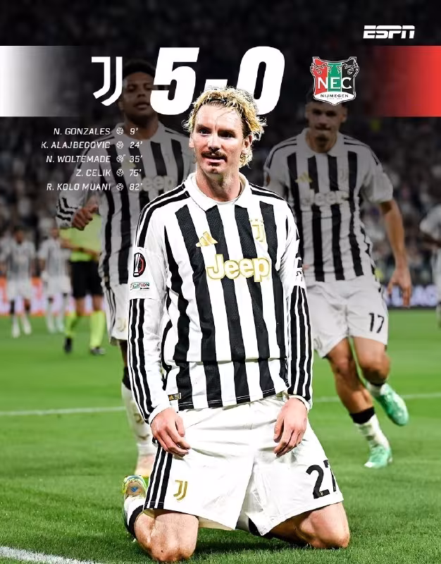 Juventus 5:0 NEC: Yevropa ligasi umumiy bosqichidagi yirik g'alaba