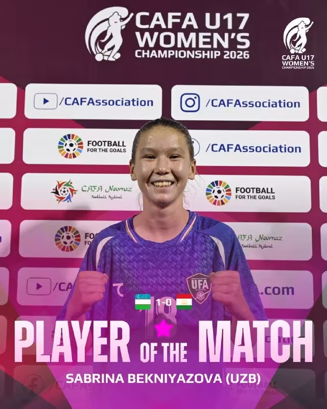 Sabrina Bekniyozova O'zbekiston - Tojikiston o'yinining eng yaxshi futbolchisi deb topildi