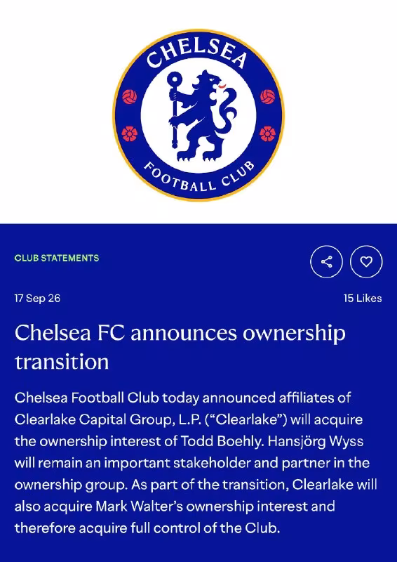Chelsea klubi egalik tuzilmasidagi o'zgarishlarni tasdiqladi