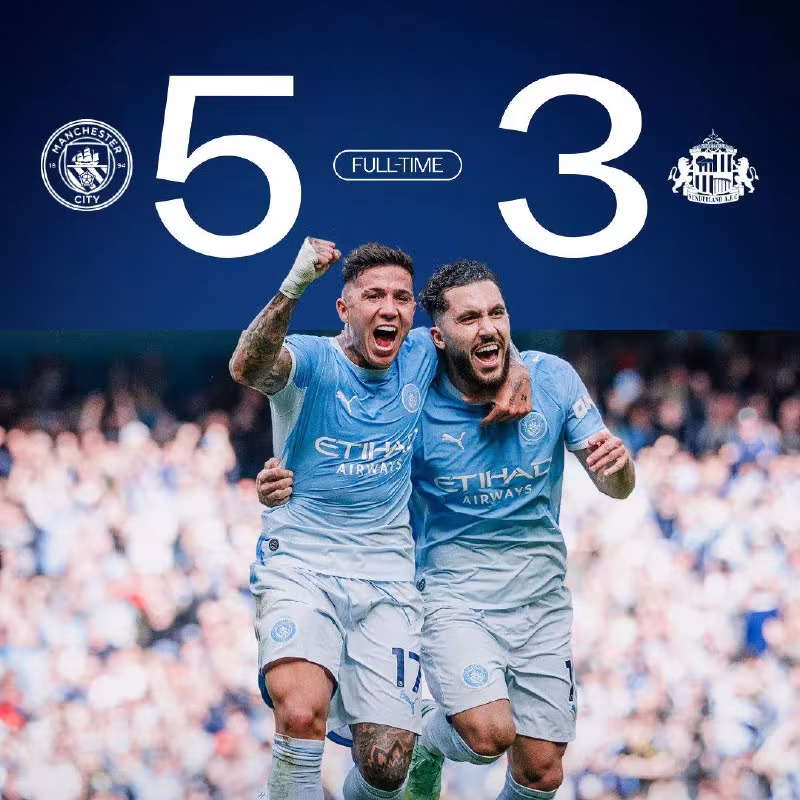 Manchester City 5:3 Sunderland: G'alaba qo'lga kiritildi