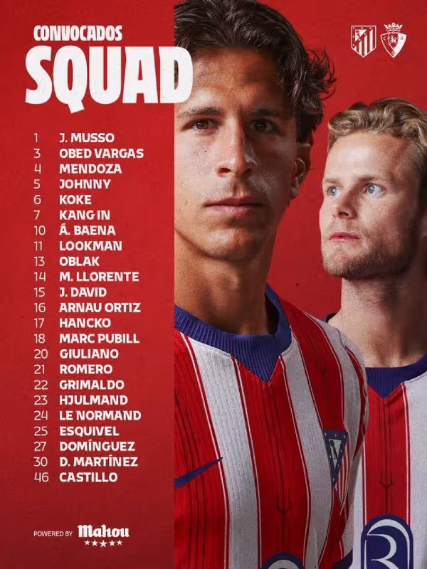 Atletico Madridning Osasunaga qarshi qaydnomasi e'lon qilindi