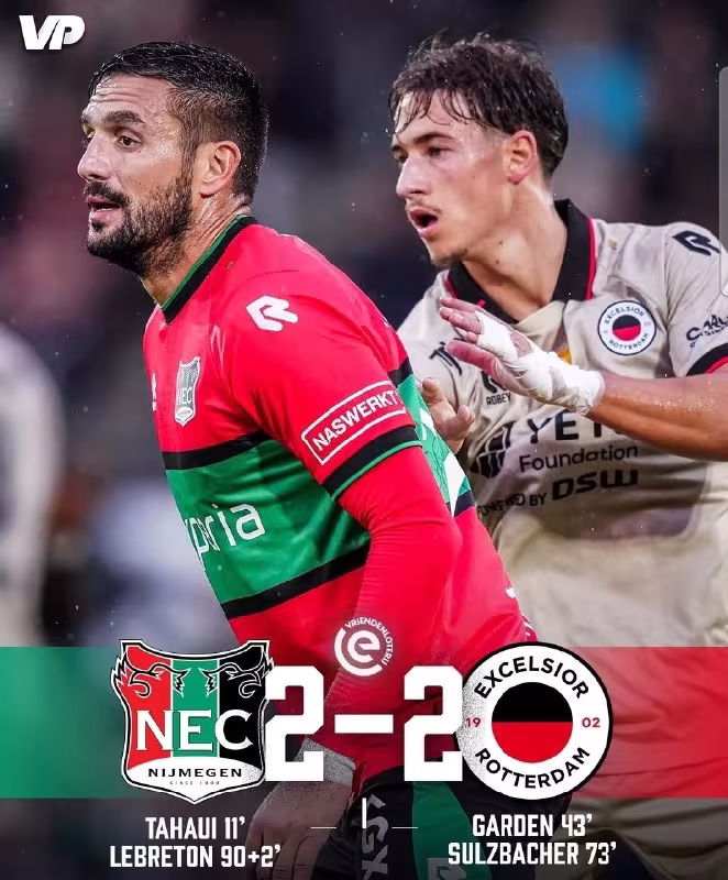 NEC 2:2 Excelsior: Nijmegen jamoasi so'nggi daqiqalarda mag'lubiyatdan qutulib qoldi