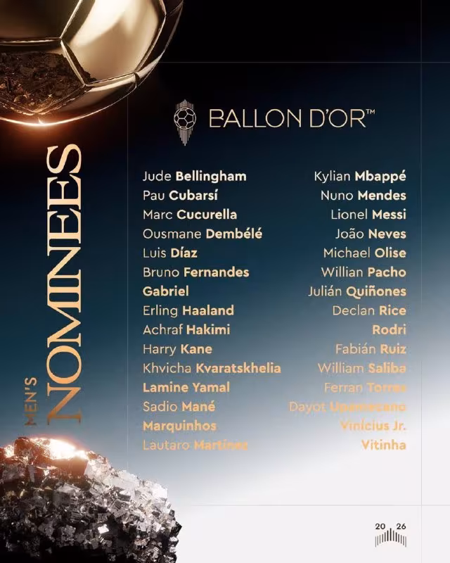 Dayot Upamecano, Harry Kane, Michael Olise va Luis Diaz «Oltin to'p-2026» sovriniga nomzod bo'lishdi
