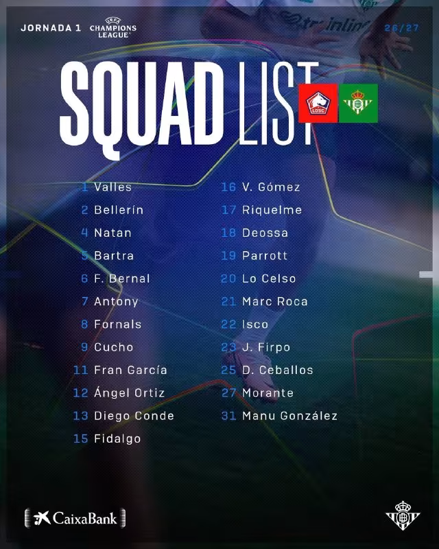 Real Betis Lillga qarshi o'yin uchun tarkibni e'lon qildi