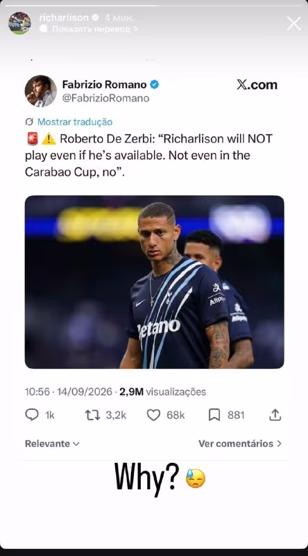 Richarlison De Dzerbi bilan bog'liq vaziyatga munosabat bildirdi