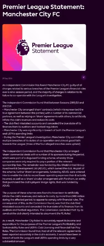 Manchester City moliyaviy qoidalarni buzganlikda aybdor deb topildi