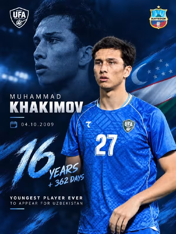 Muhammad Hakimov O'zbekiston milliy terma jamoasi tarixidagi eng yosh futbolchiga aylandi