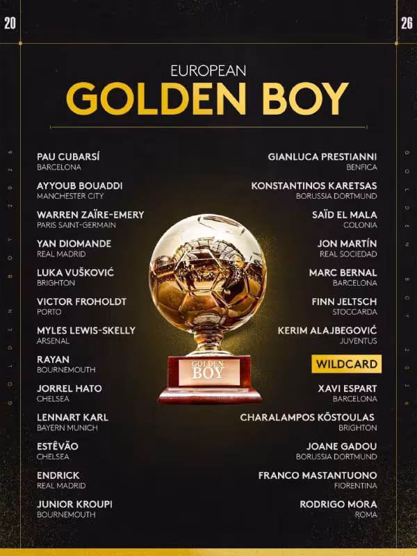 Uorren Zair-Emeri Golden Boy mukofoti nomzodlari ro'yxatiga kiritildi